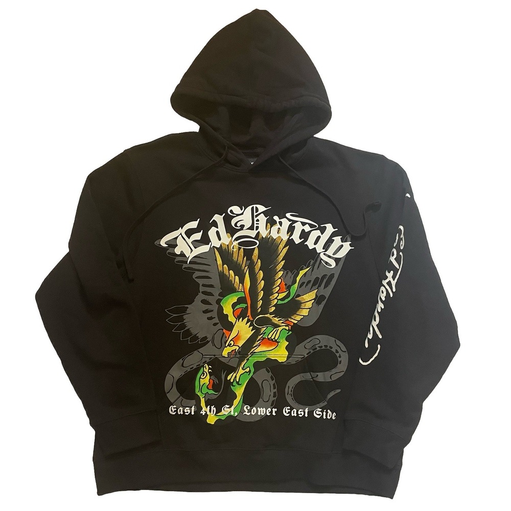 Ed Hardy Men Size XL‎ Black Hoodie Eagle & Snake Tattoo Graphic Pullover NWT Y2K